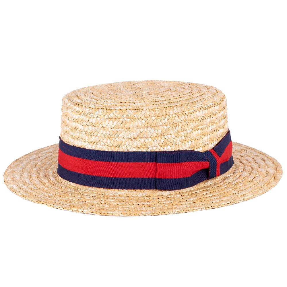 6569 Classic Straw Boater Hat Handmade from Natural Straw Navy-Red Band, XL